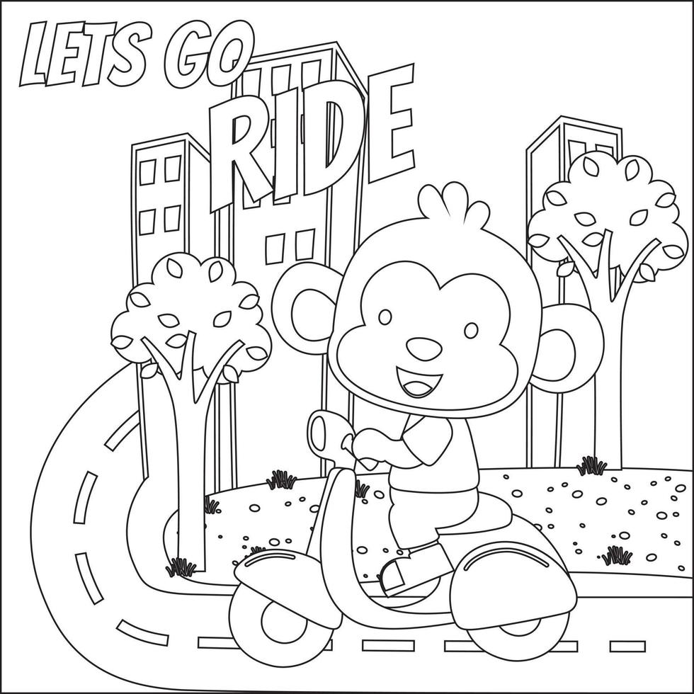 Cute little animal riding scooter, funny animal cartoon,vector illustration. Childish design for kids activity colouring book or page. vector