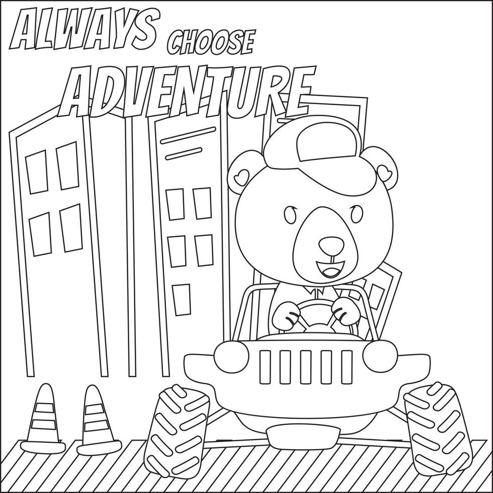 Cute animal cartoon having fun driving off road car on sunny day. Cartoon isolated vector illustration, Creative vector Childish design for kids activity colouring book or page.