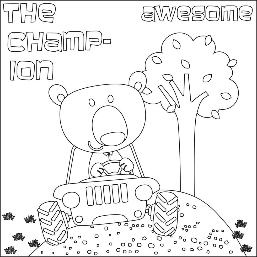 Cute animal cartoon having fun driving off road car on sunny day. Cartoon isolated vector illustration, Creative vector Childish design for kids activity colouring book or page.