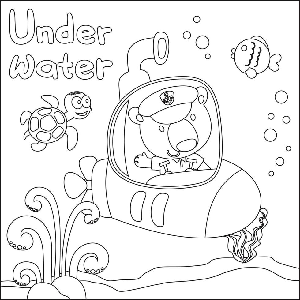 Vector illustration of little animal driving submarine with cartoon style, Childish design for kids activity colouring book or page.