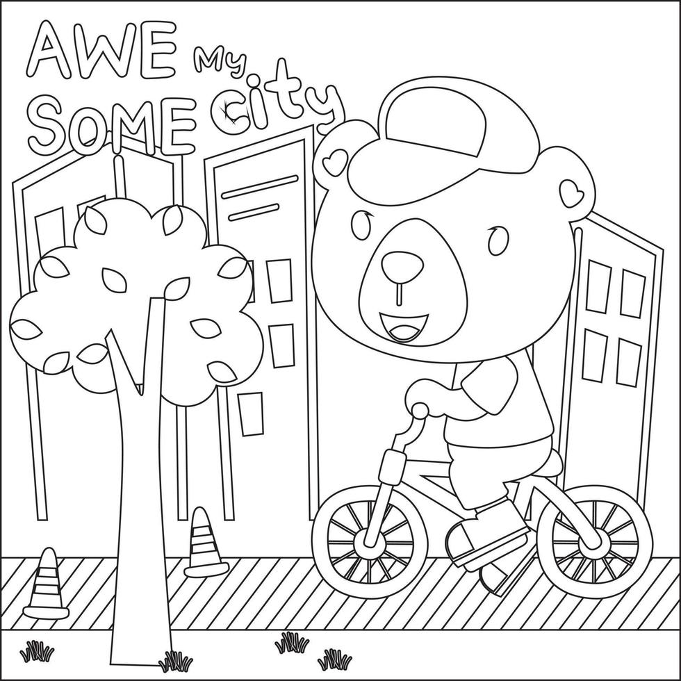 Cute little animal riding bicycle. Trendy children graphic with Line Art Design Hand Drawing Sketch Vector illustration For Adult And Kids Coloring Book.