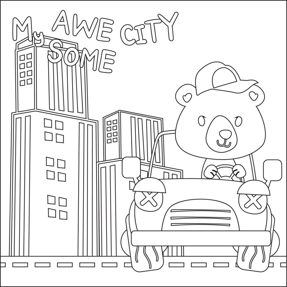 Vector illustration of funy animal driving the white car. Childish design for kids activity colouring book or page.