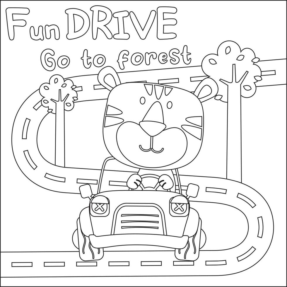 Vector illustration of funy animal driving the white car. Childish design for kids activity colouring book or page.