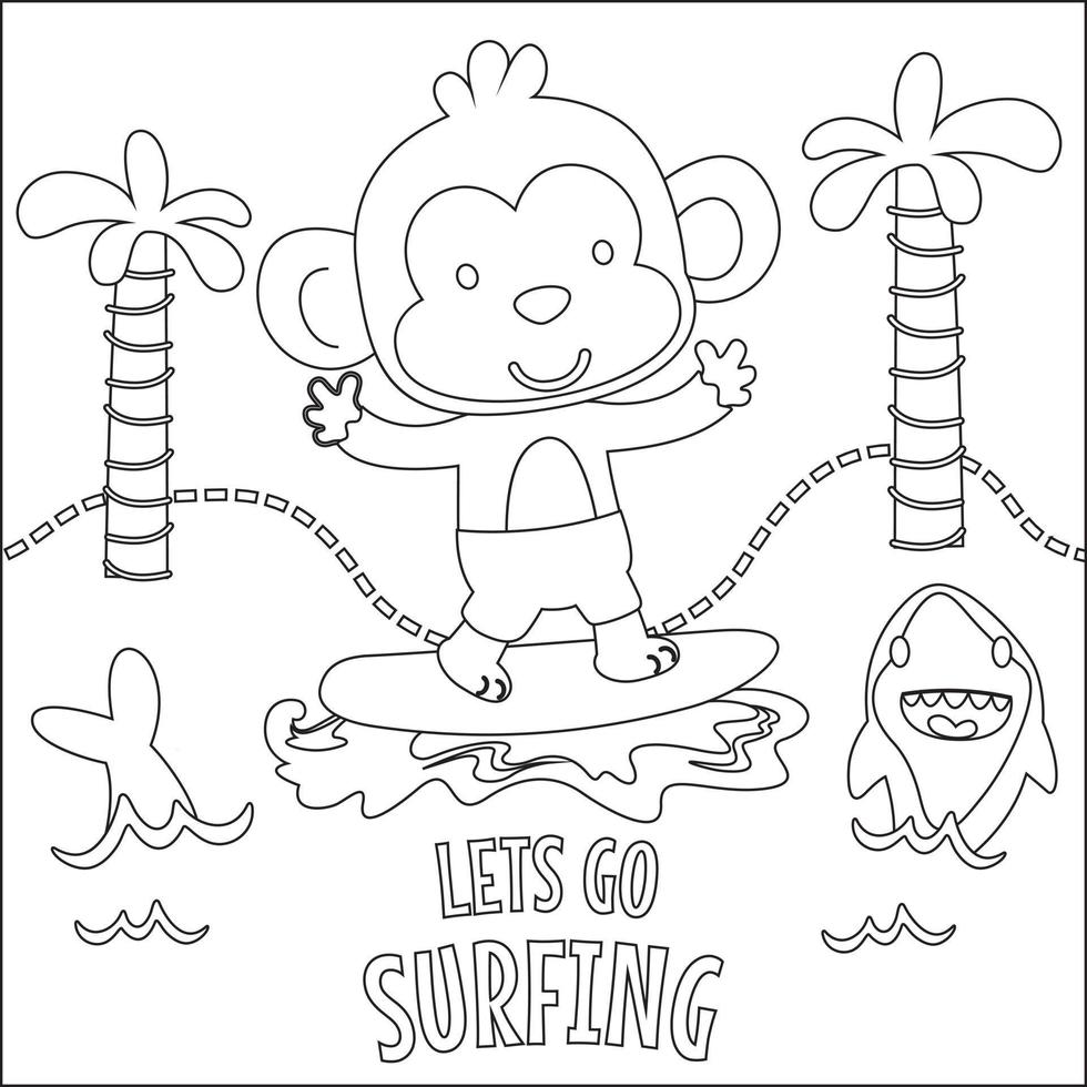 Vector illustration of surfing time with cute little animal at summer beach. Childish design for kids activity colouring book or page.