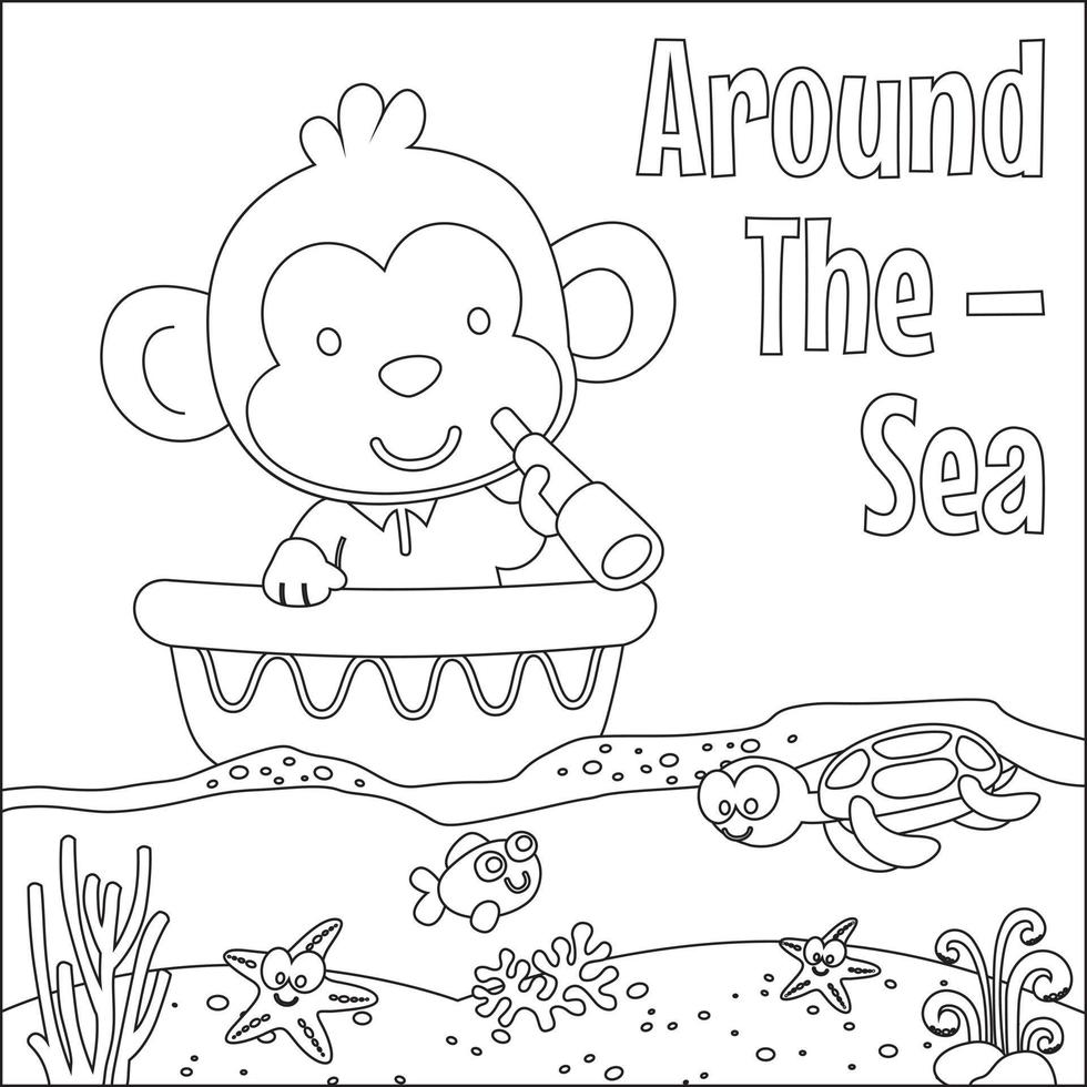 Funny animal cartoon vector on little boat with cartoon style, Trendy children graphic with Line Art Design Hand Drawing Sketch For Adult And Kids Coloring book or page