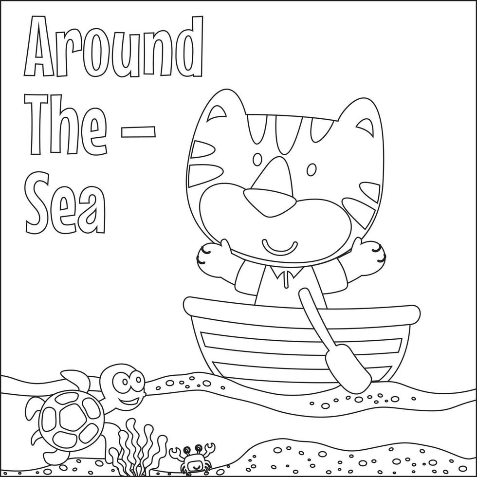 gracioso animal dibujos animados vector en pequeño barco con dibujos animados estilo, de moda niños gráfico con línea Arte diseño mano dibujo bosquejo para adulto y niños colorante libro o página