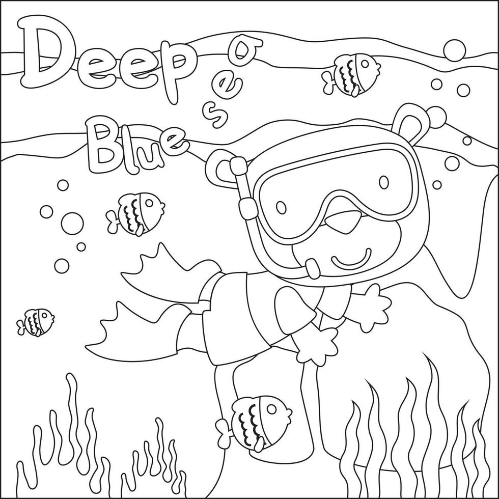 Cute animal in snorkel mask diving in the sea isolated on white background illustration vector. Childish design for kids activity colouring book or page. vector