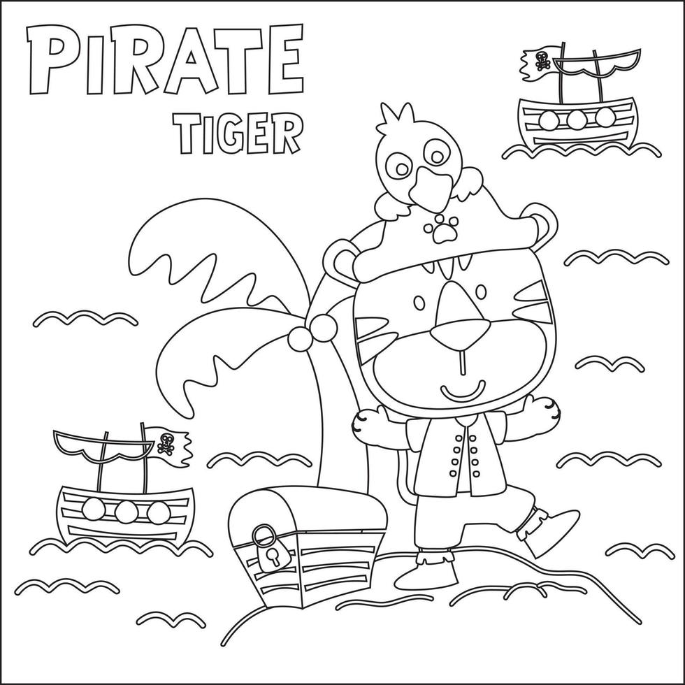Vector illustration of funny animal pirate with treasure chest, Childish design for kids activity colouring book or page.