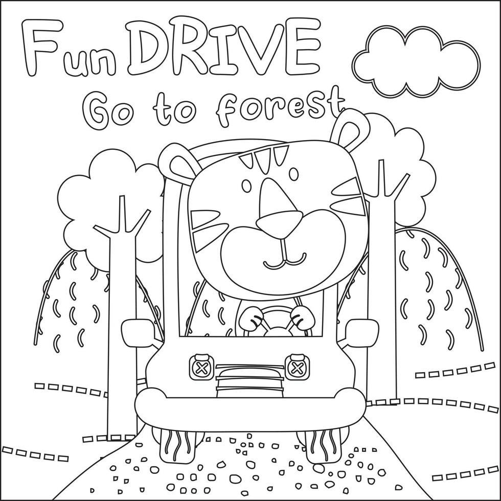 Vector illustration of funy animal driving the white car. Childish design for kids activity colouring book or page.