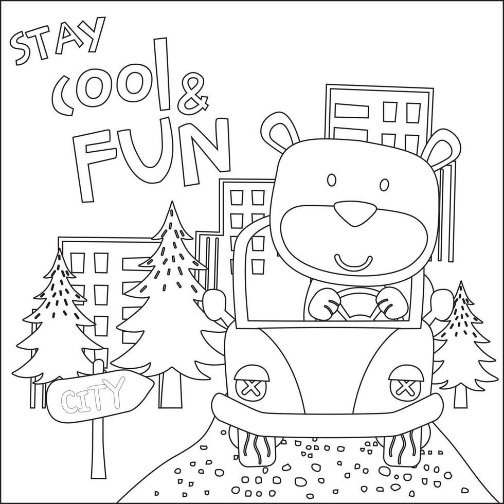 Vector illustration of funy animal driving the white car. Childish design for kids activity colouring book or page.