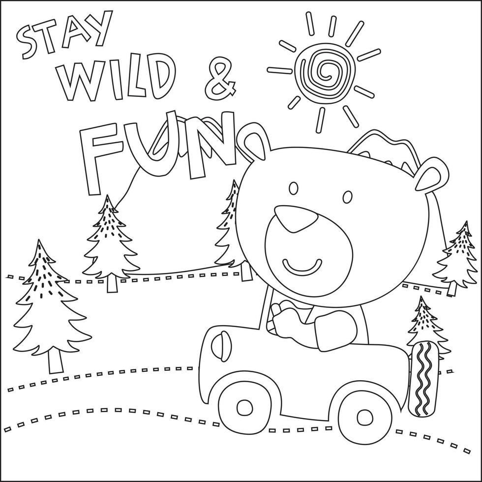 Vector illustration of funy animal driving the white car. Childish design for kids activity colouring book or page.