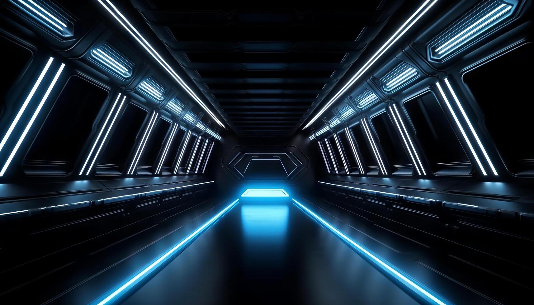 Blue White Led Lights Sci Fi Futuristic Modern Spaceship Dark Tunnel Corridor. photo