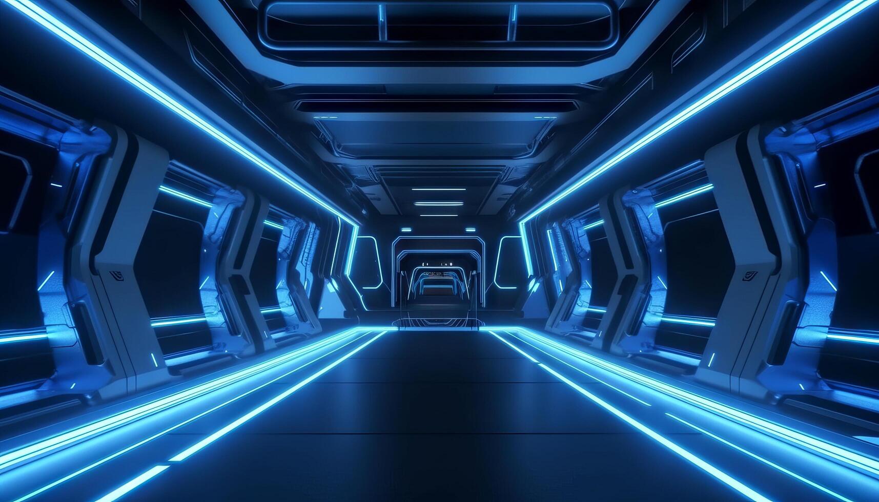 Blue White Led Lights Sci Fi Futuristic Modern Spaceship Dark Tunnel Corridor. photo