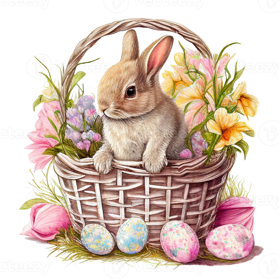 Bunny Floral Easter Basket Watercolor Painting Style png