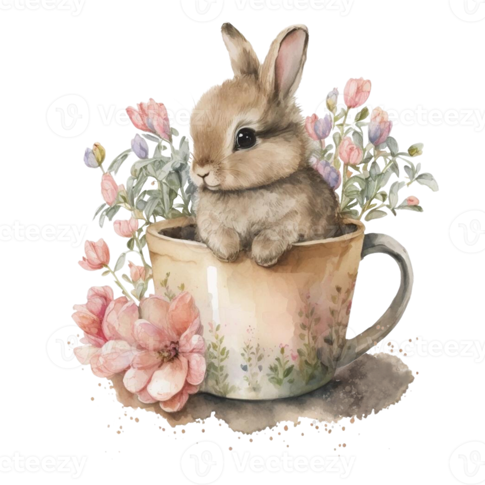 wijnoogst konijn bloemen koffie kop waterverf schilderij stijl png