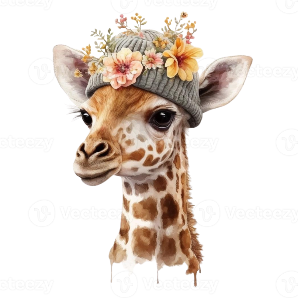 Cute Giraffe With Floral Knitted Hat Watercolor Painting Style png