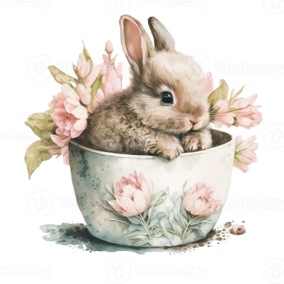 årgång kanin blommig kaffe kopp vattenfärg målning stil png
