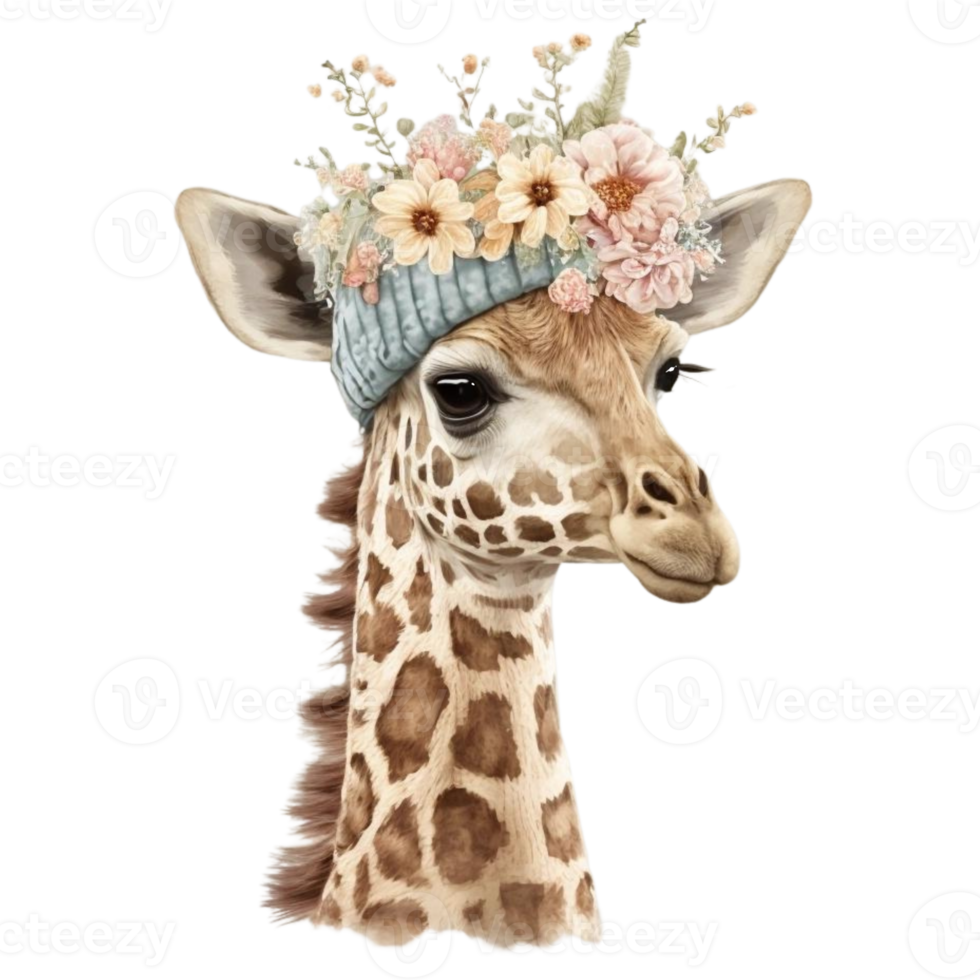 carino giraffa con floreale a maglia cappello acquerello pittura stile png