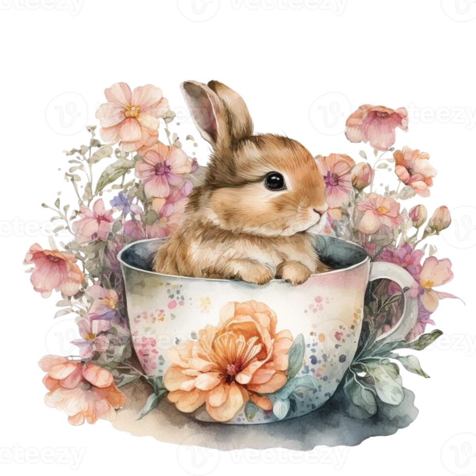 Vintage Bunny Floral Coffee Cup Watercolor Painting Style png