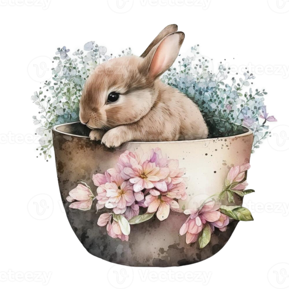 Vintage Bunny Floral Coffee Cup Watercolor Painting Style png