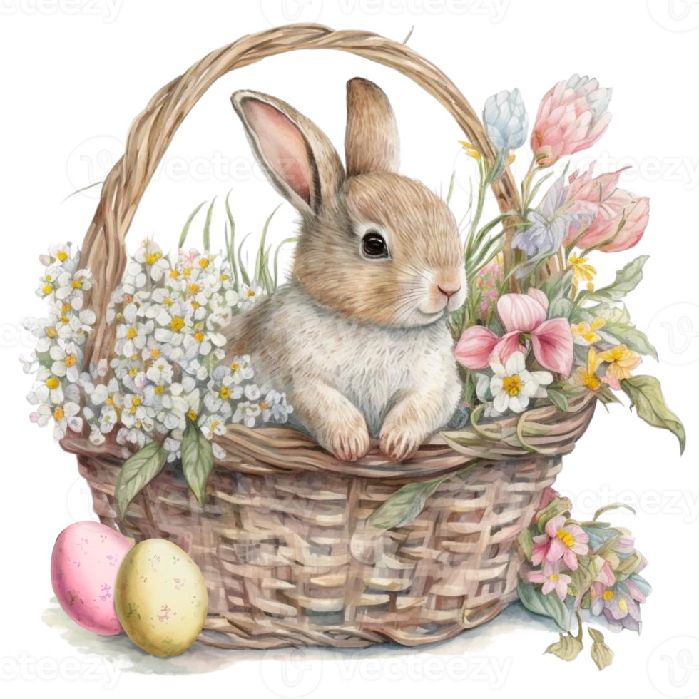 Bunny Floral Easter Basket Watercolor Painting Style png