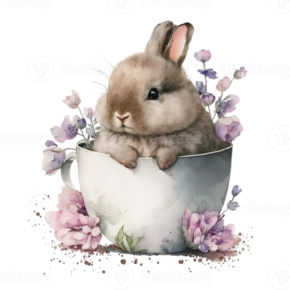 wijnoogst konijn bloemen koffie kop waterverf schilderij stijl png