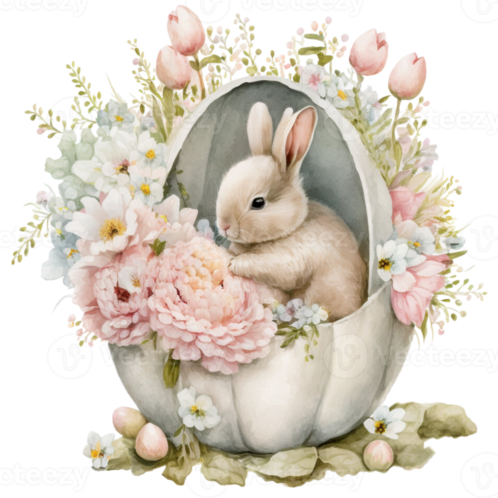 conejito floral Pascua de Resurrección cesta acuarela pintura estilo png