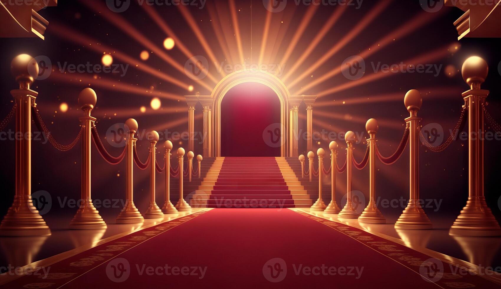 Red Carpet Bollywood Stage. Steps Spot Lights. Golden Royal Awards Graphics Background. photo