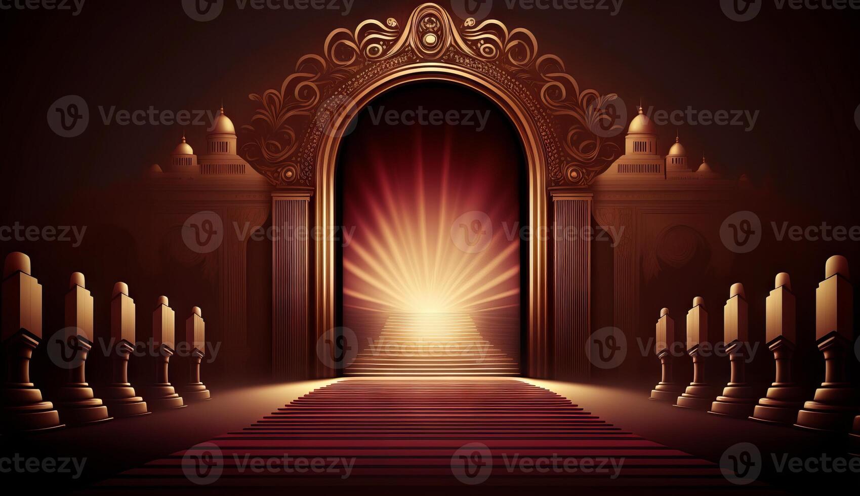 Red Carpet Bollywood Stage. Steps Spot Lights. Golden Royal Awards Graphics Background. photo