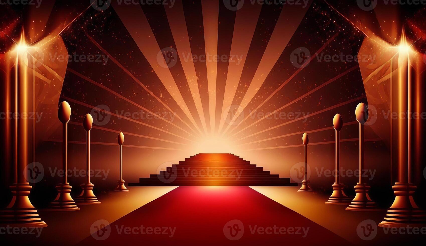 Red Carpet Bollywood Stage. Steps Spot Lights. Golden Royal Awards Graphics Background. photo