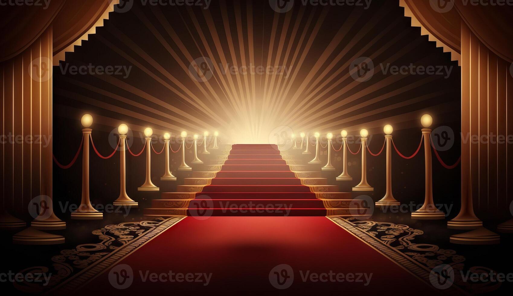 Red Carpet Bollywood Stage. Steps Spot Lights. Golden Royal Awards Graphics Background. photo