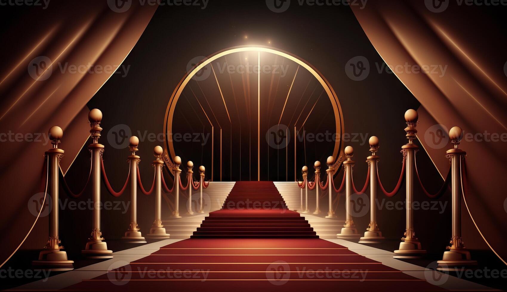 Red Carpet Bollywood Stage. Steps Spot Lights. Golden Royal Awards Graphics Background. photo