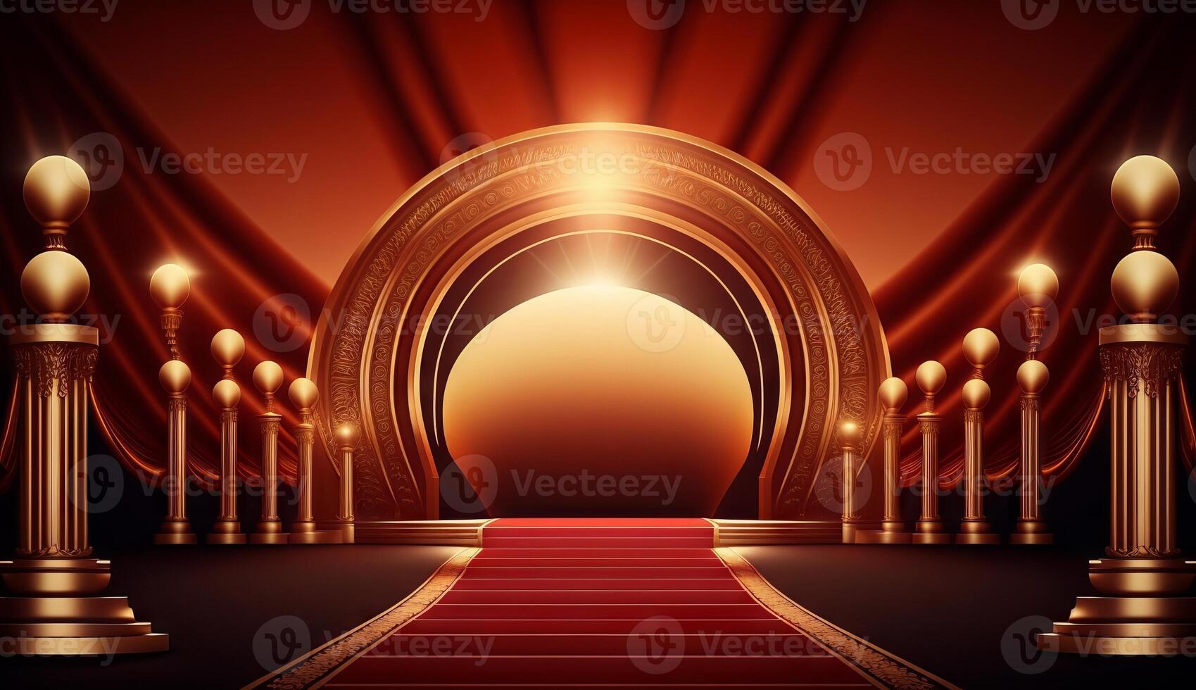 Red Carpet Bollywood Stage. Steps Spot Lights. Golden Royal Awards Graphics Background. photo