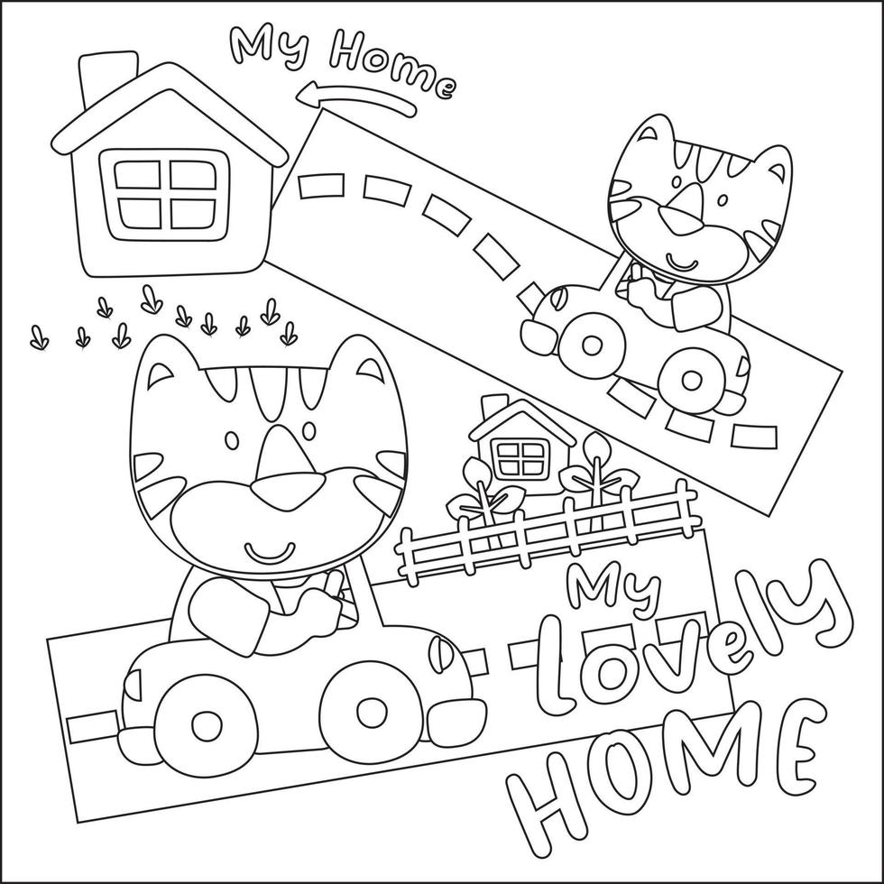 Vector illustration of funy animal driving the white car. Childish design for kids activity colouring book or page.