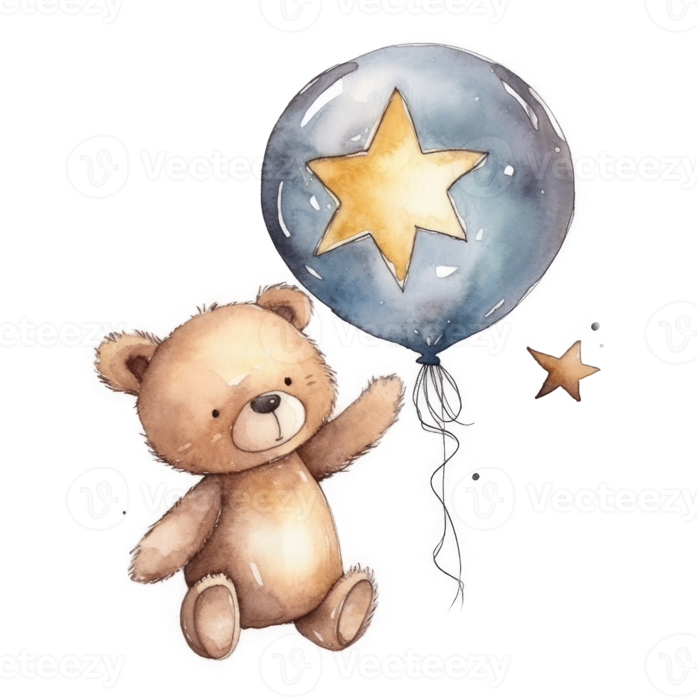 Cute Teddy Bear with Balloon Watercolor png