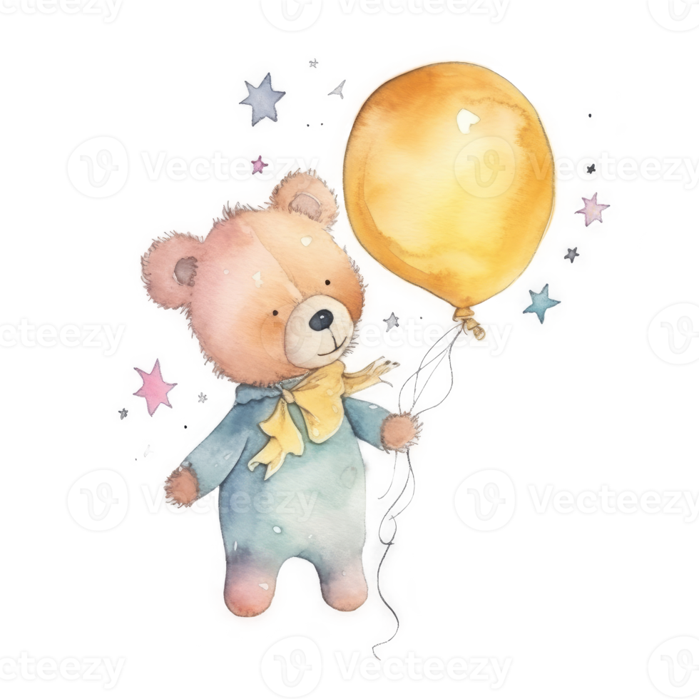 Cute Teddy Bear with Balloon Watercolor png