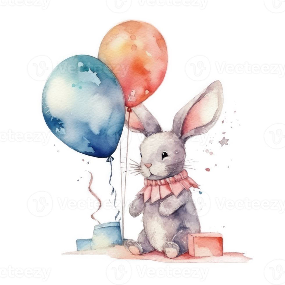 Rabbit with birthday balloons. png