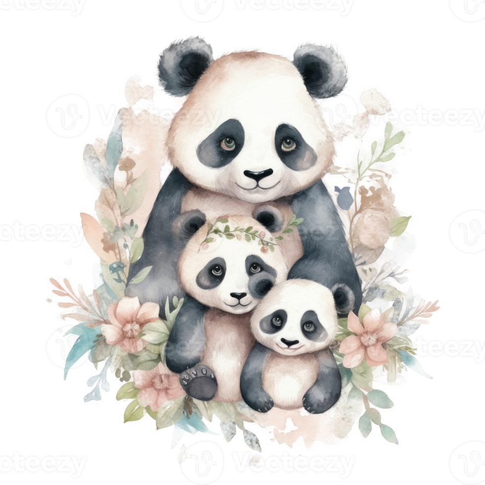 Cute watercolor panda family, png