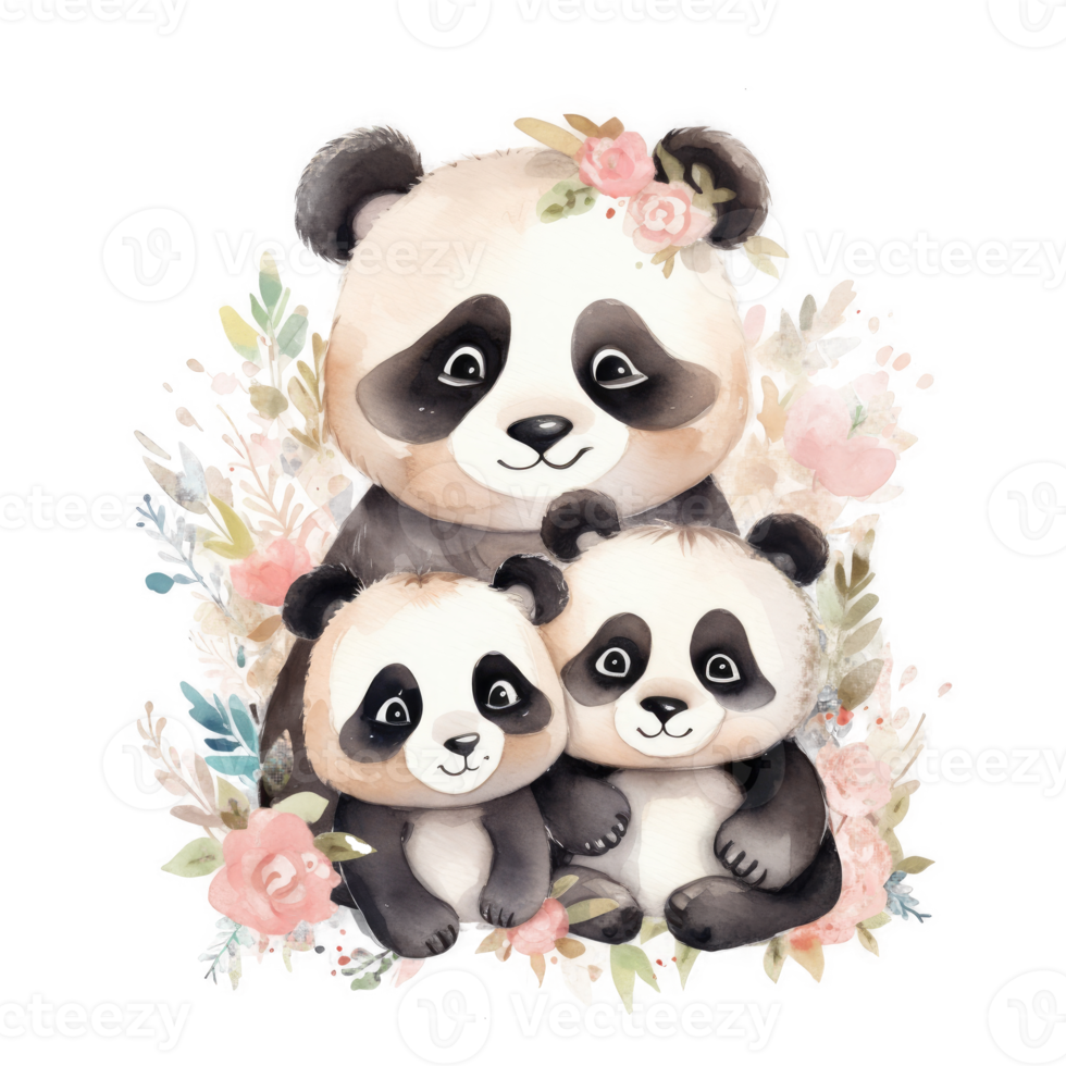 Cute watercolor panda family, png