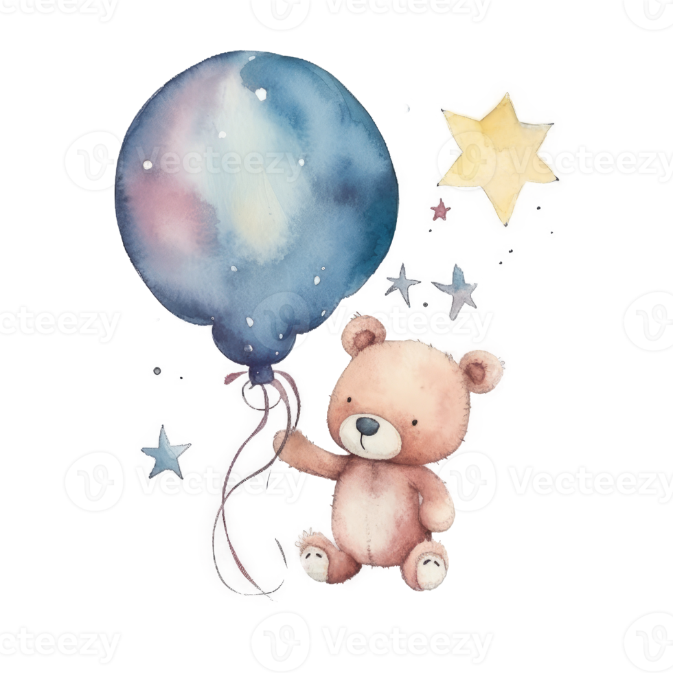 Cute Teddy Bear with Balloon Watercolor png