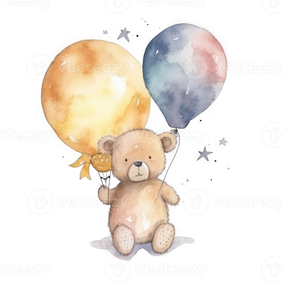 Cute Teddy Bear with Balloon Watercolor png