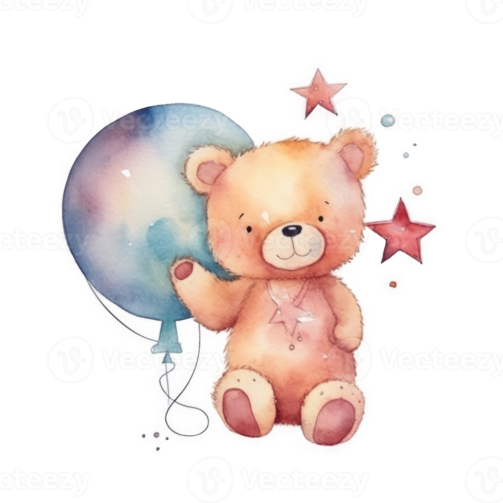 Cute Teddy Bear with Balloon Watercolor png