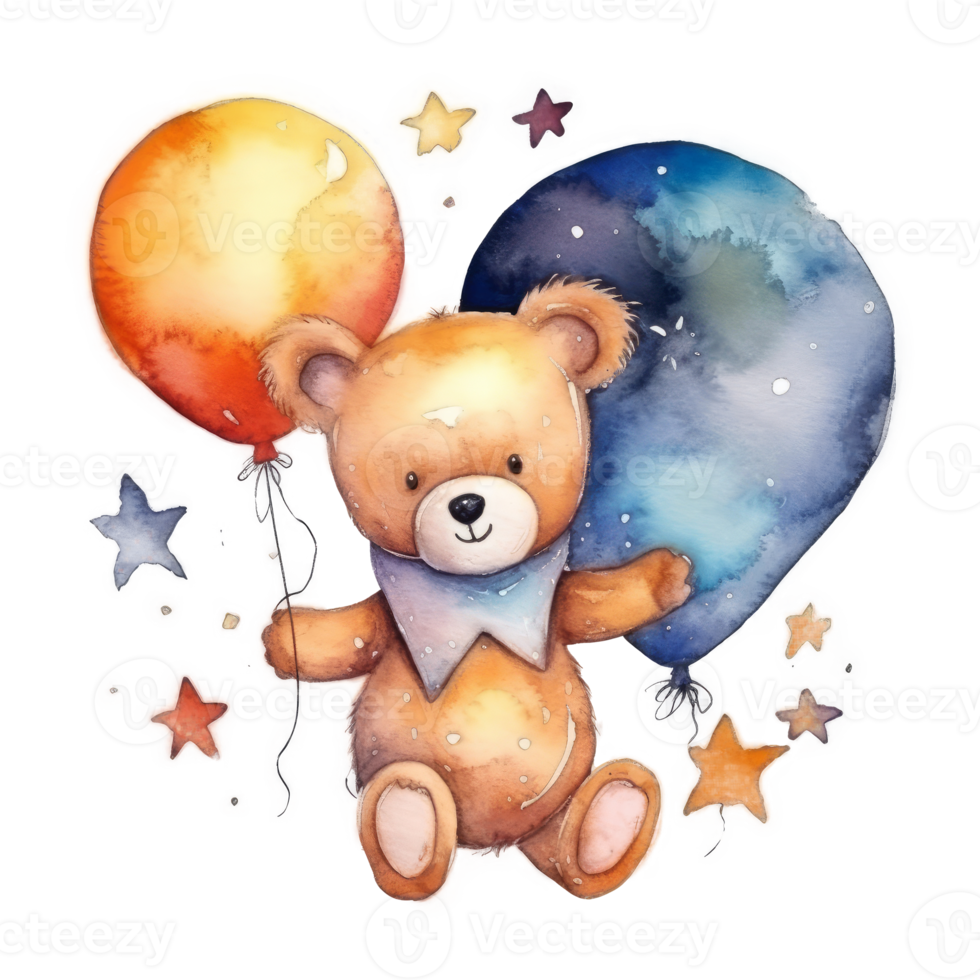 Cute Teddy Bear with Balloon Watercolor png