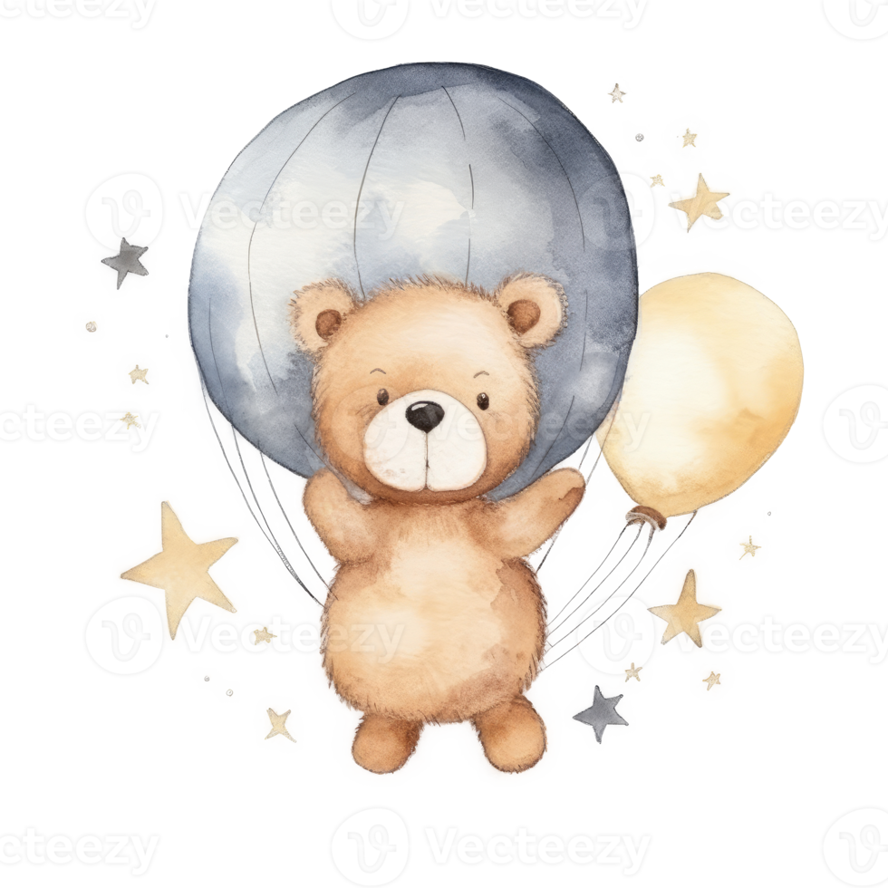 Cute Teddy Bear with Balloon Watercolor png