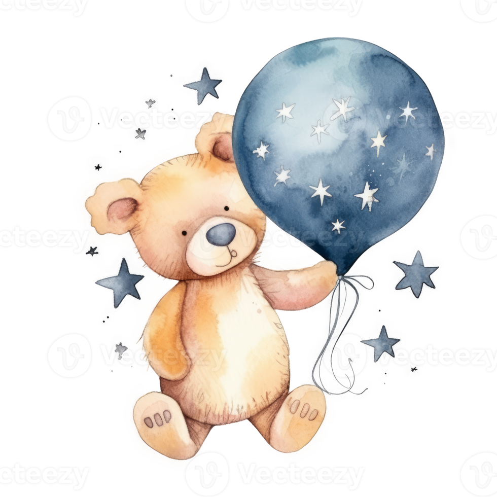 Cute Teddy Bear with Balloon Watercolor png