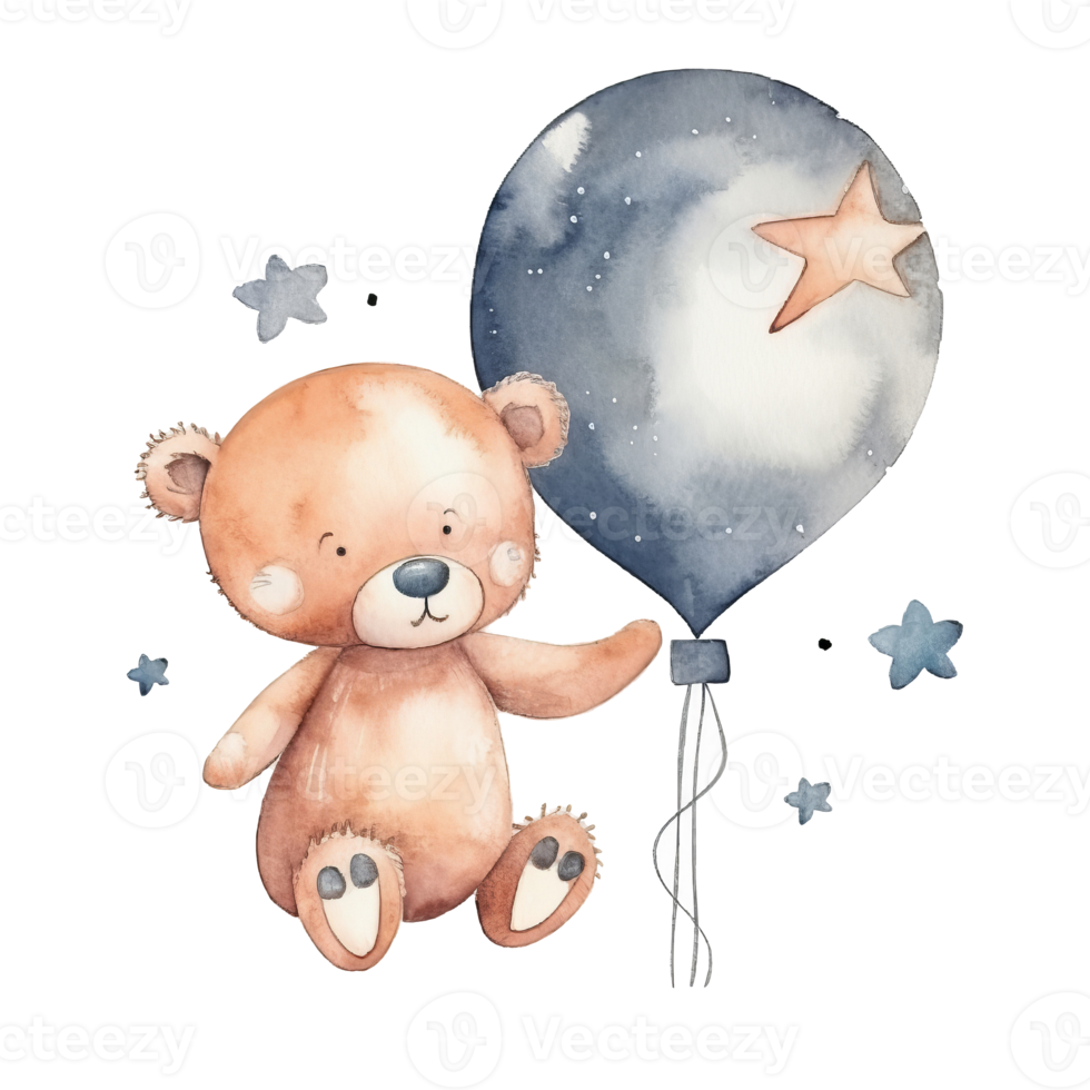 Cute Teddy Bear with Balloon Watercolor png