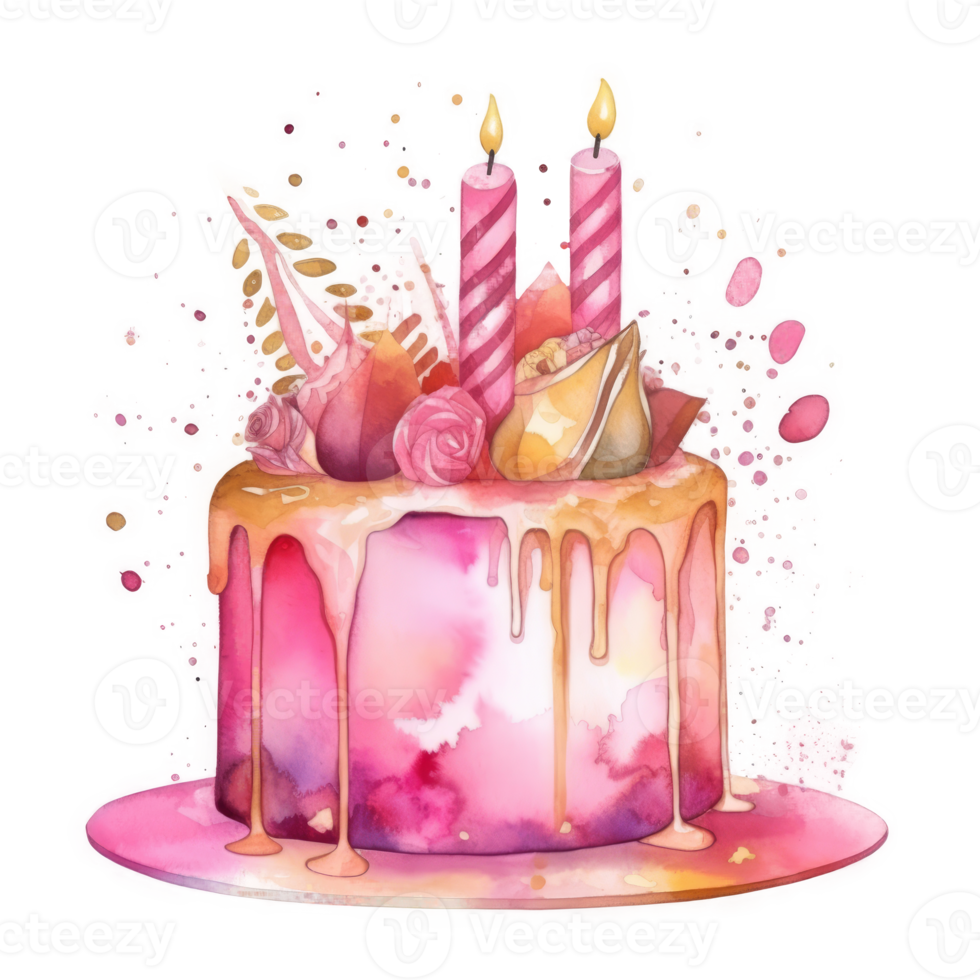 Pink watercolor birthday cake. png