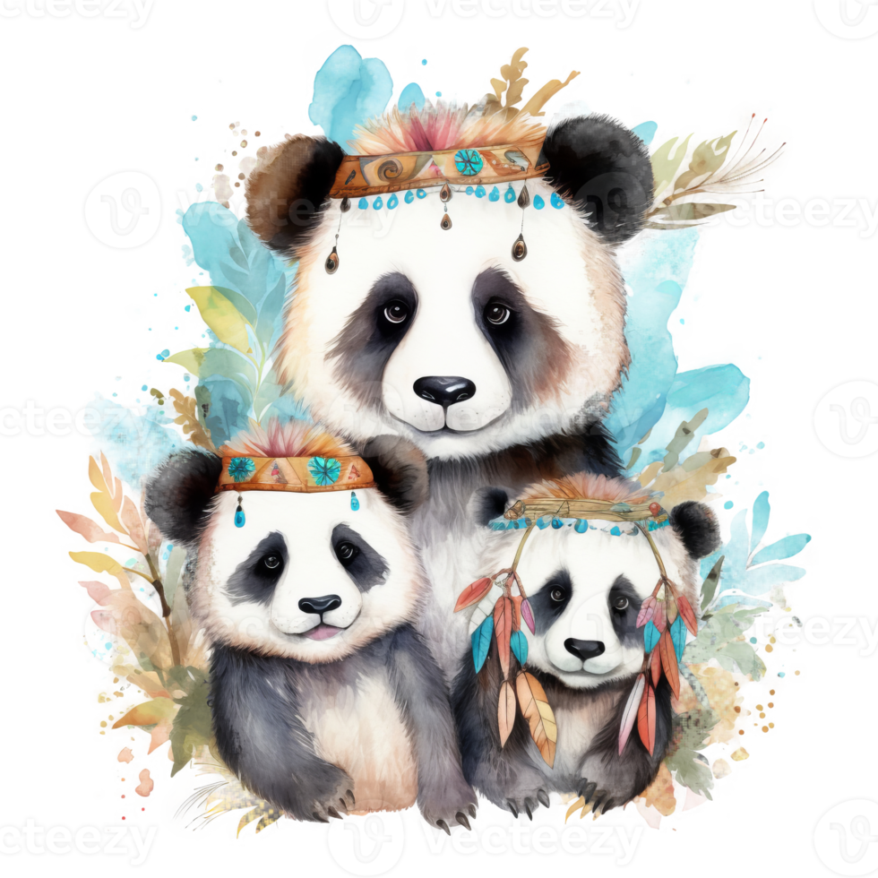 Cute watercolor panda family, png