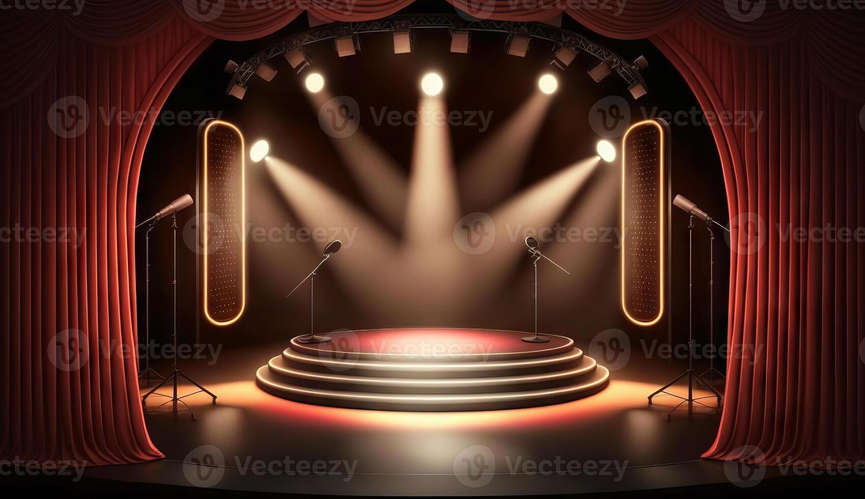 Stage for a show or TV entertainment with microphone, stairs, red curtains, spotlights, illumination and decor. photo
