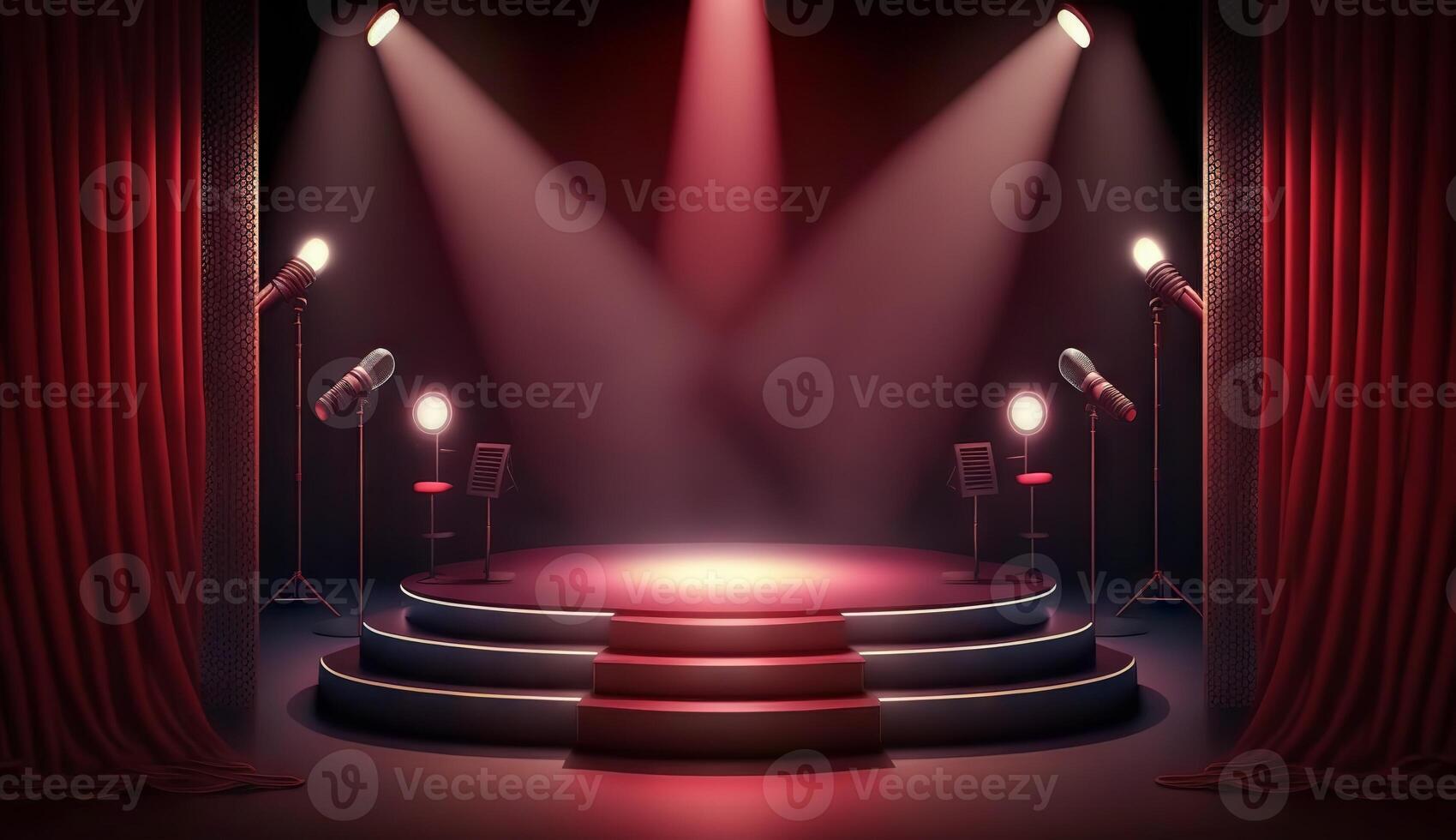 etapa para un espectáculo o televisión entretenimiento con micrófono, escaleras, rojo cortinas, focos, iluminación y decoración. generativo ai foto